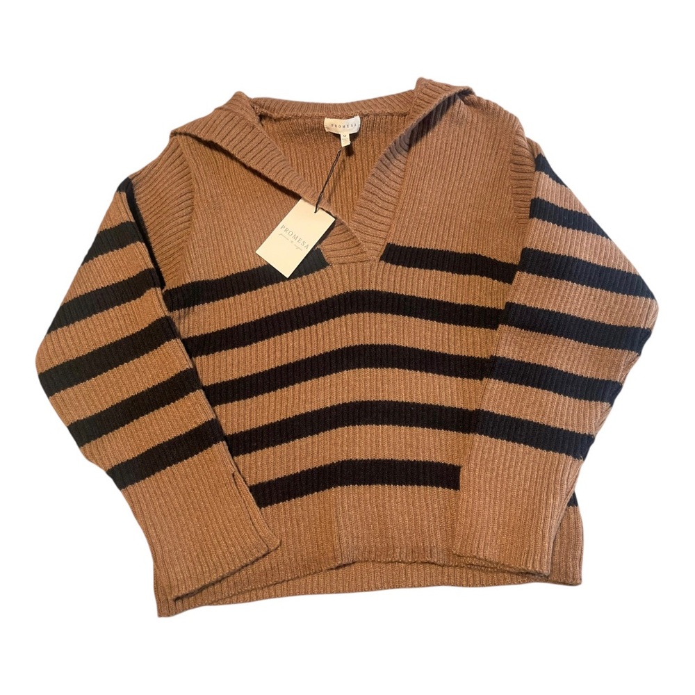 Promesa NWT Brown Sweater Black Striped Collared V Neck Ribbed Knit Size Medium